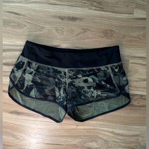 Lululemon Speed Shorts in “Pop Cut Fatigue Green Black" camo print
